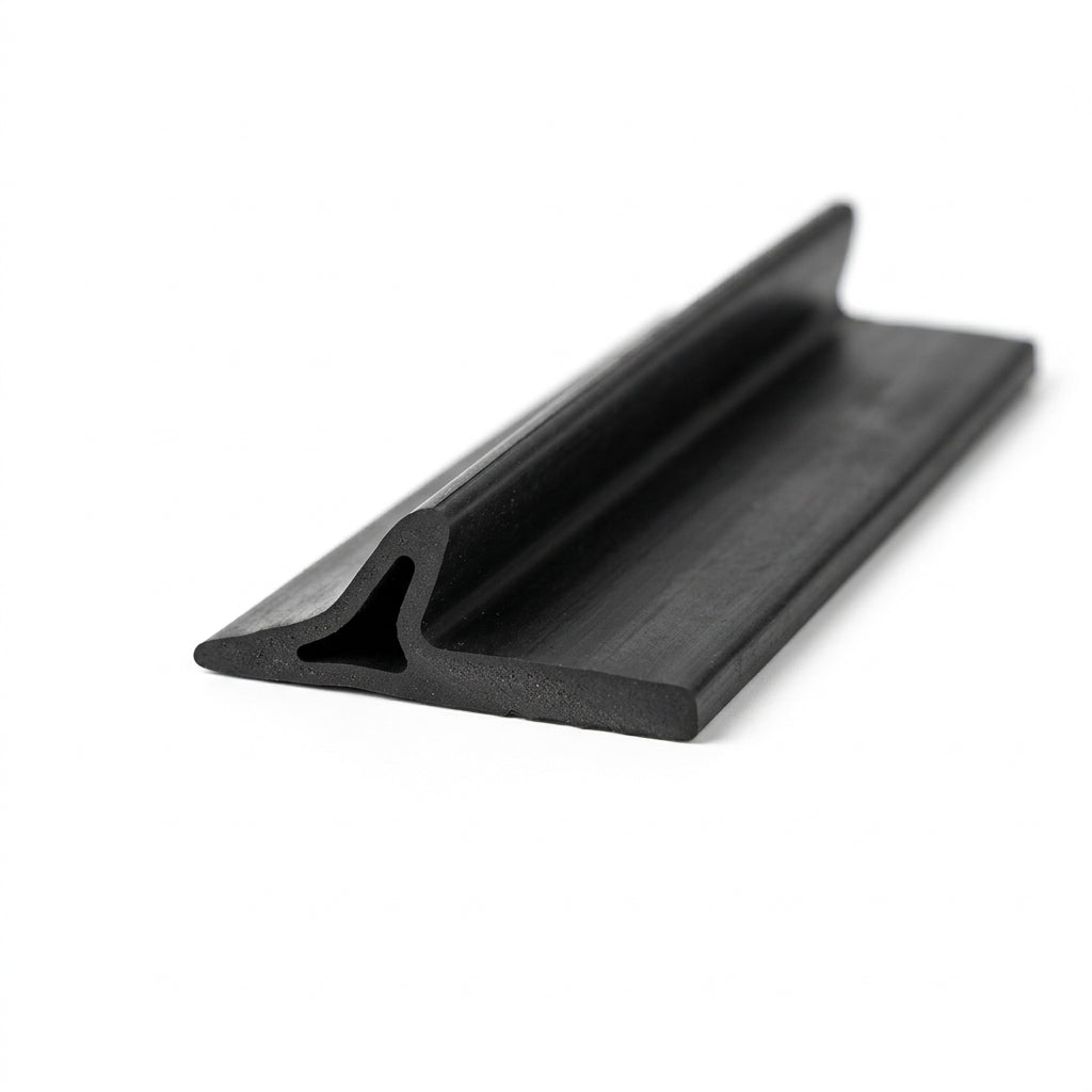 Black rubber boot seal length shown at an angle, flat base with raised fin