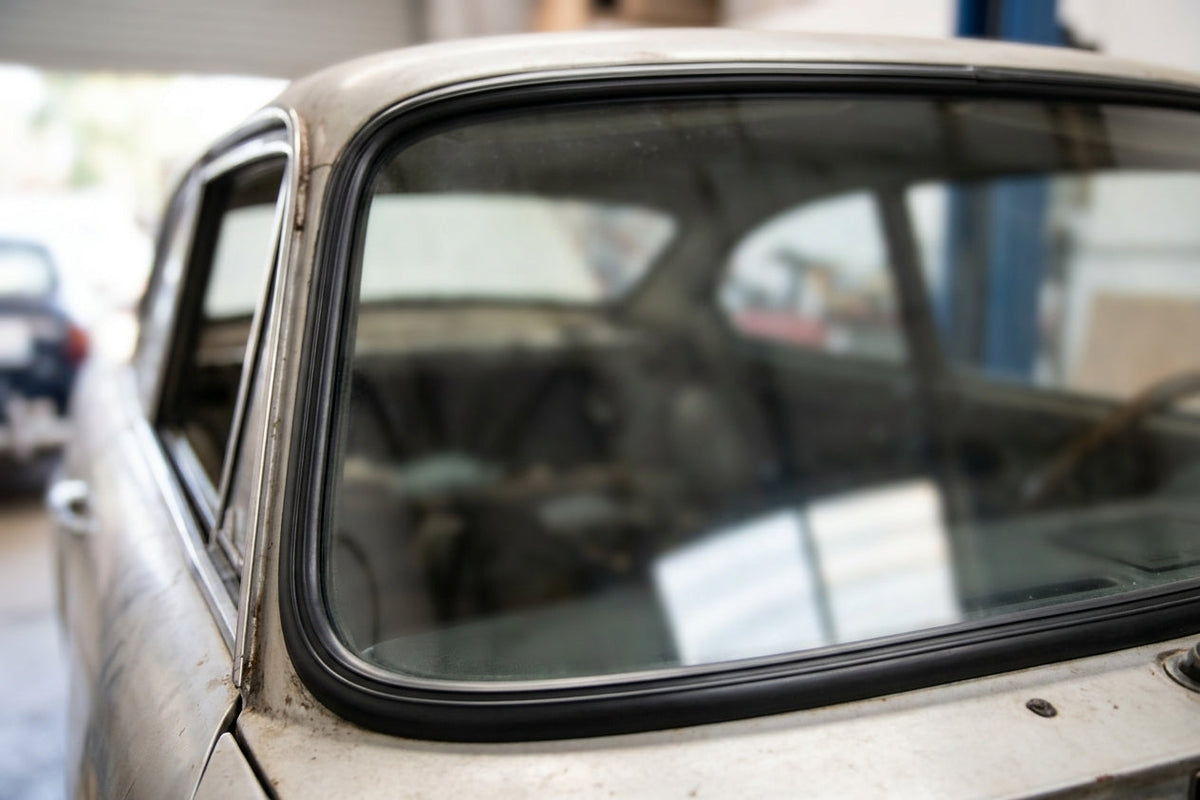 Windscreen seal fitted to the rear window of a silver classic Jaguar saloon