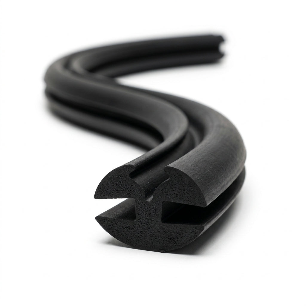 Black EPDM weatherstrip seal coiled in an S-curve, twin-bulb profile visible