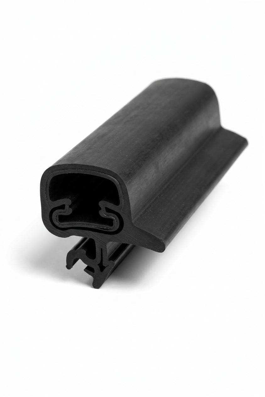 Black quarterlight seal profile with wide flange, angled studio shot