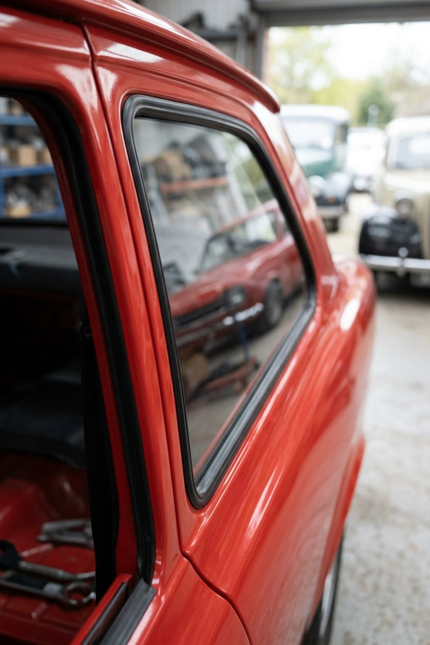 Black quarterlight seal fitted around a red Escort Mk1's side window
