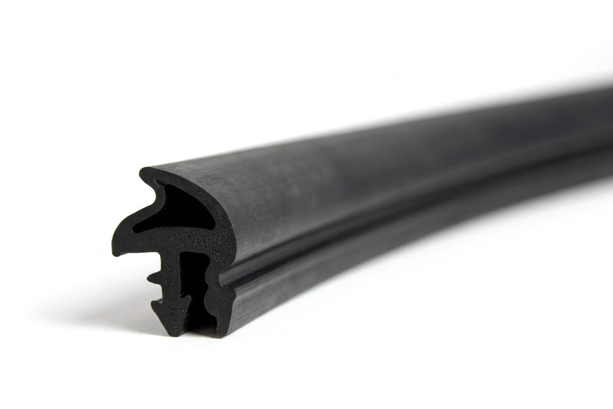 Black rubber windscreen seal cut length with a forked comb-tooth edge