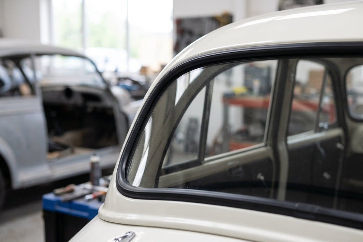 Windscreen seal fitted to the corner of an ivory classic car's rear window