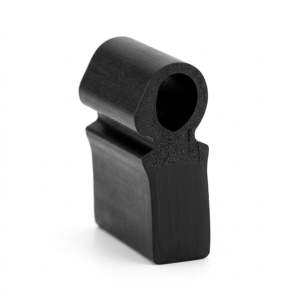Studio shot of a cut length of black EPDM seal standing upright, showing oval bulb and wedge base.