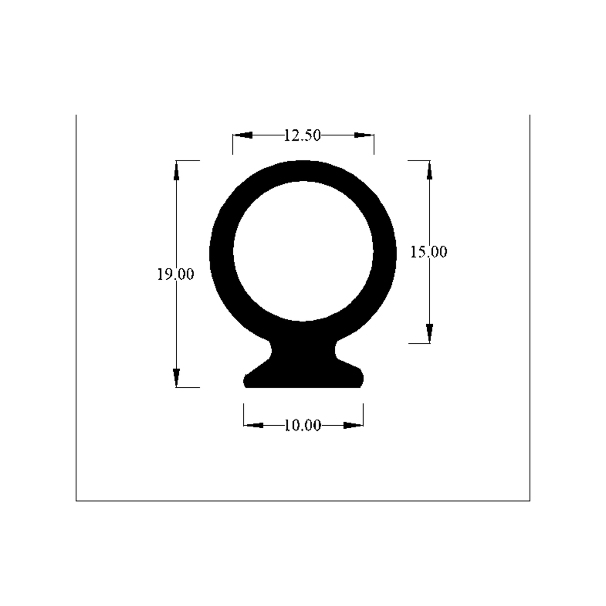 Technical diagram of circular bulb seal profile with 12.50, 19.00, 15.00 and 10.00mm dimensions