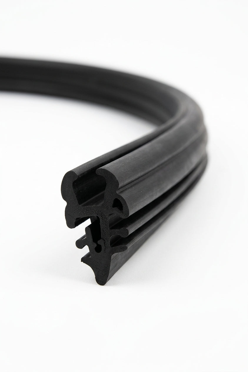 Black windscreen surround coiled into a loop, angled studio shot