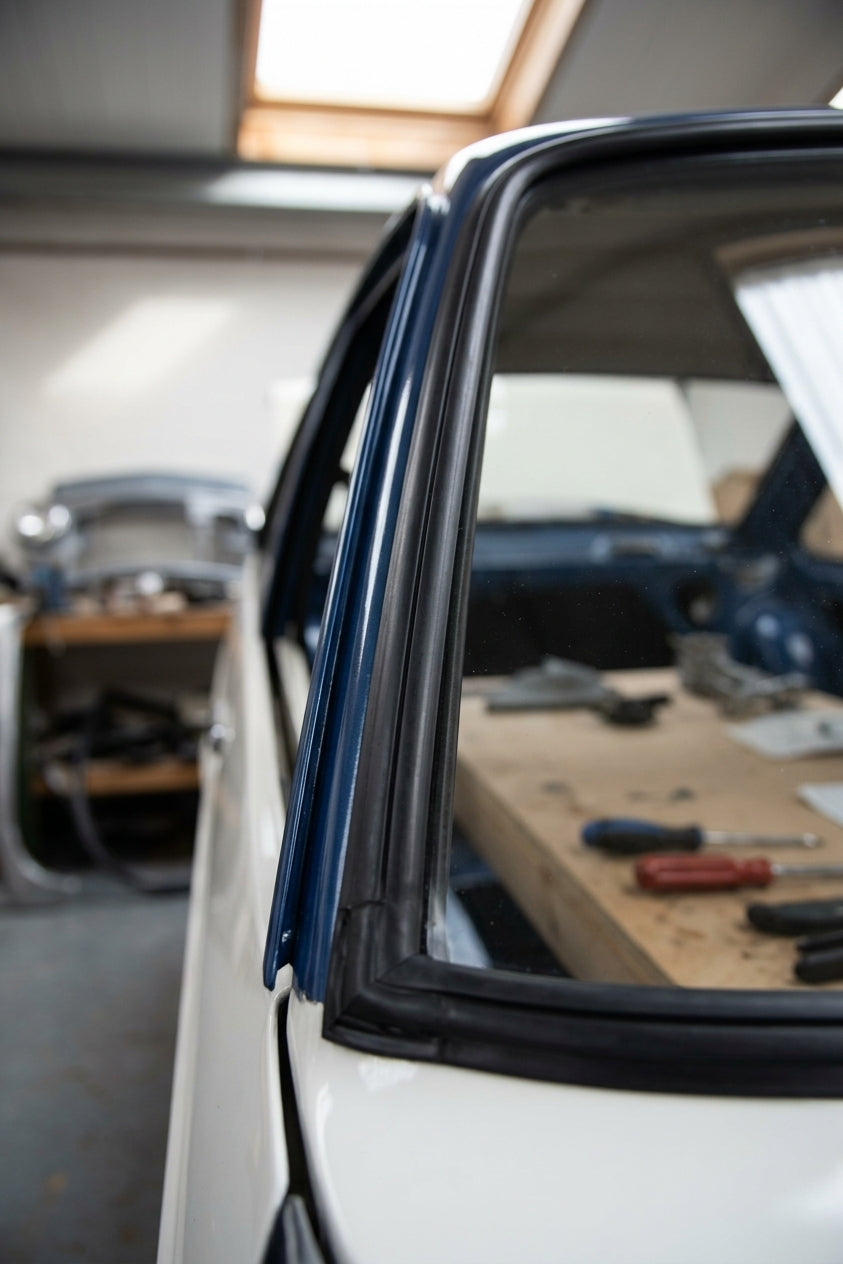 Black windscreen surround fitted to a white Escort's screen pillar, workshop with tools