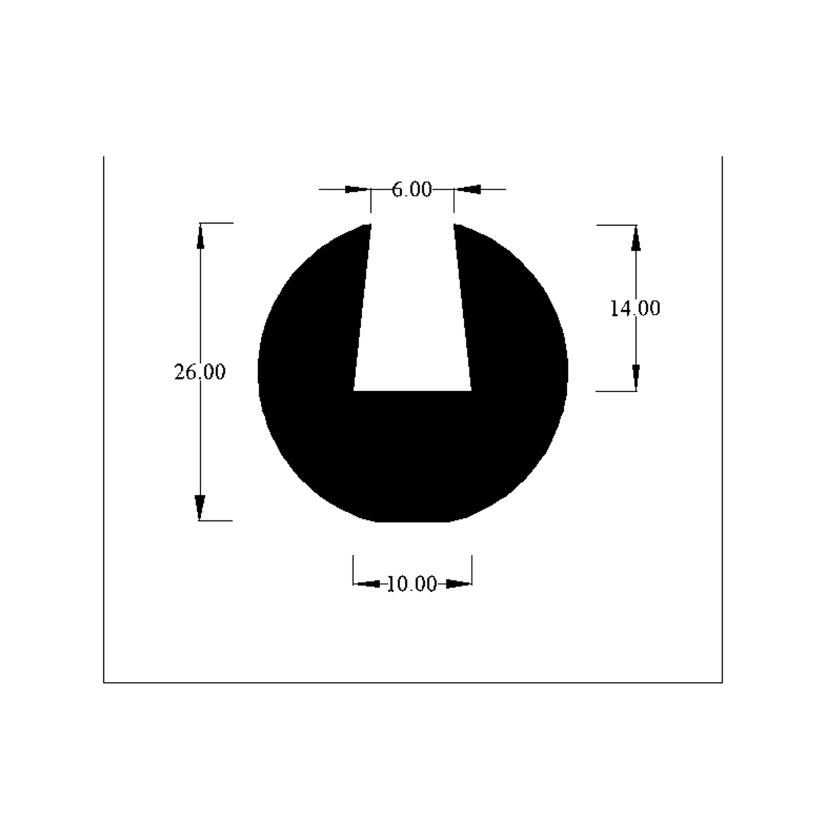 Cross-section diagram of round edge protector channel, 26.00mm diameter with 10.00mm slot marked