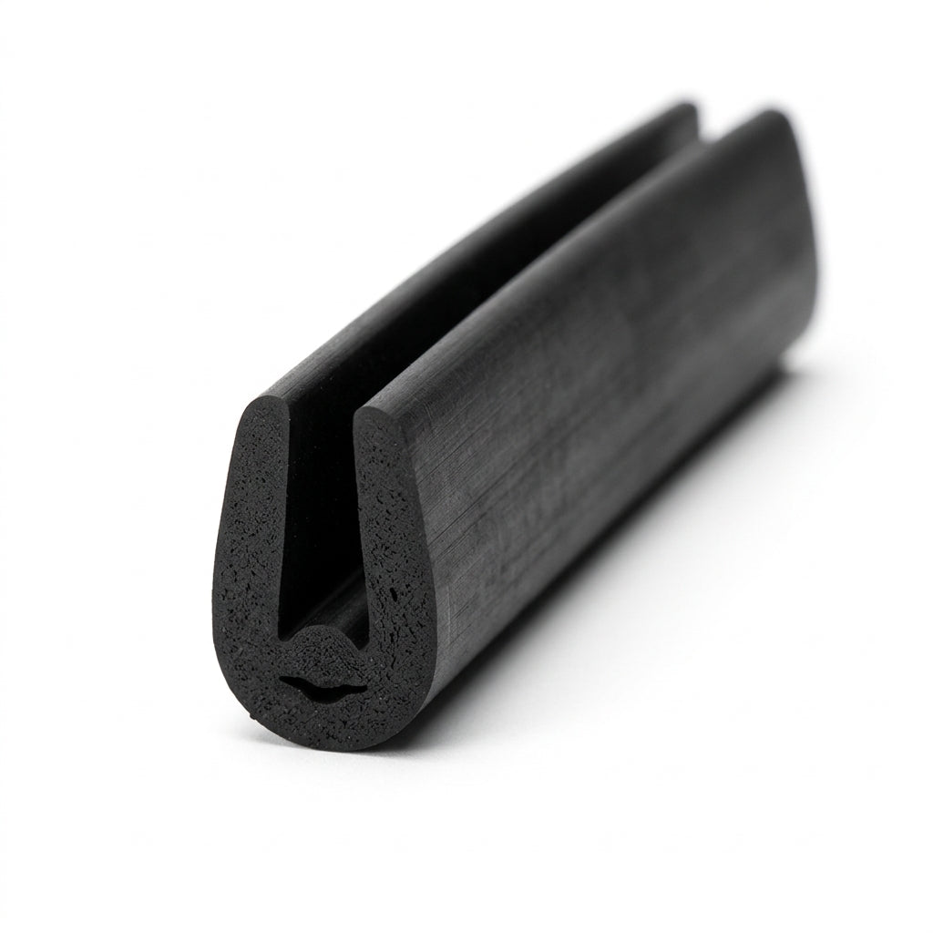 Black EPDM U-channel profile coiled, angled view of rounded teardrop-shaped groove
