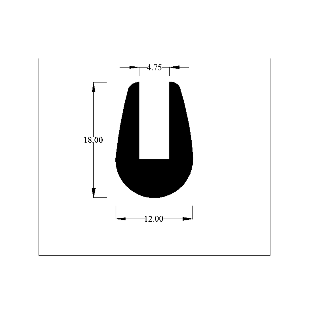 Cross-section diagram of teardrop U-channel profile, 18.00mm high x 12.00mm wide dimensions shown