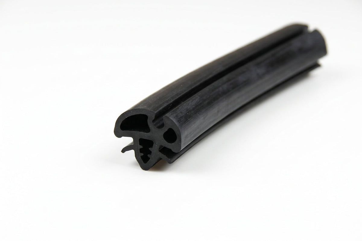 Black windscreen rubber seal profile with locking bead, studio white background