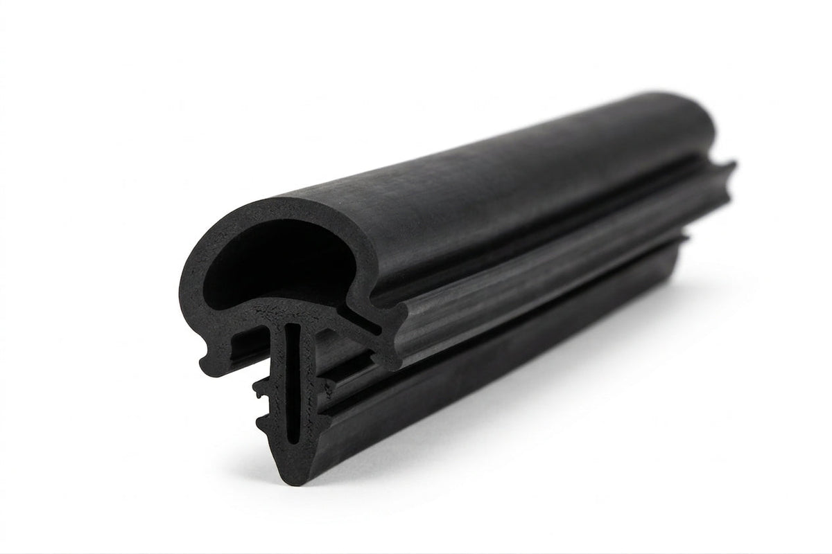 Black rubber windscreen seal, angled studio shot showing the bulb and flange profile