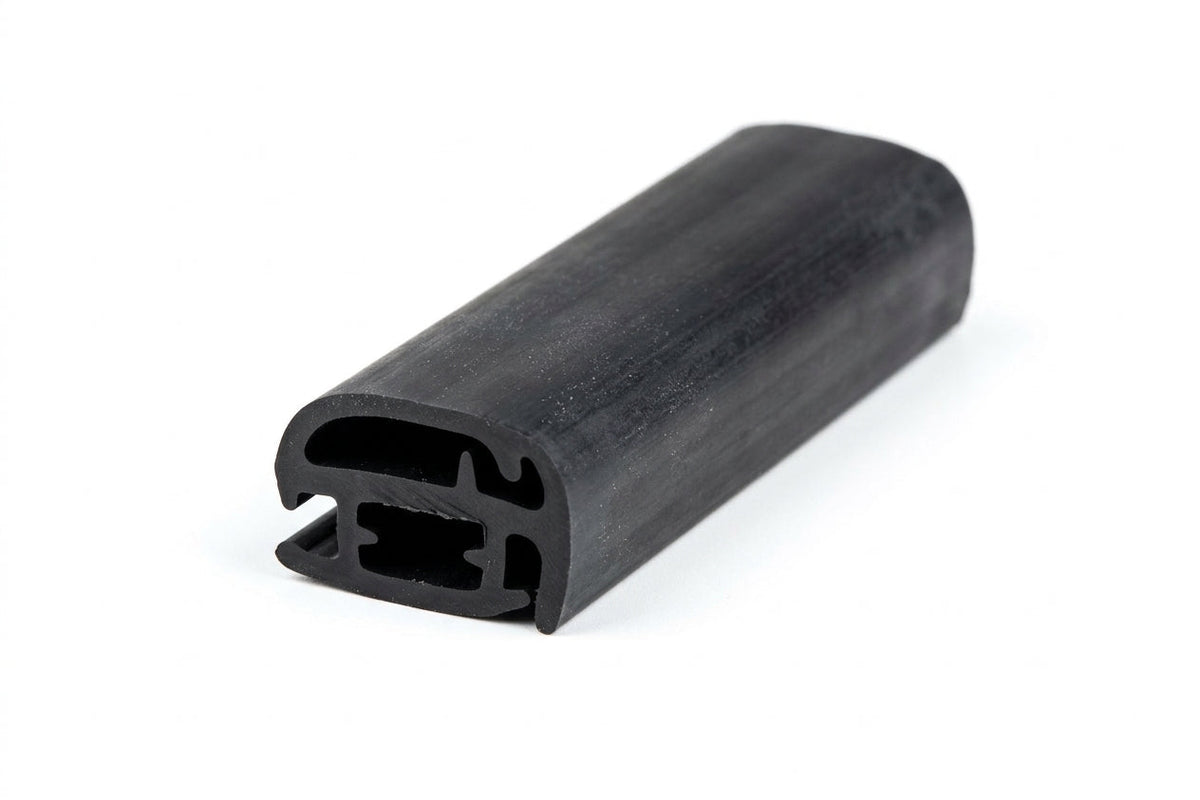 Black rubber window seal with twin locking channels, angled studio shot