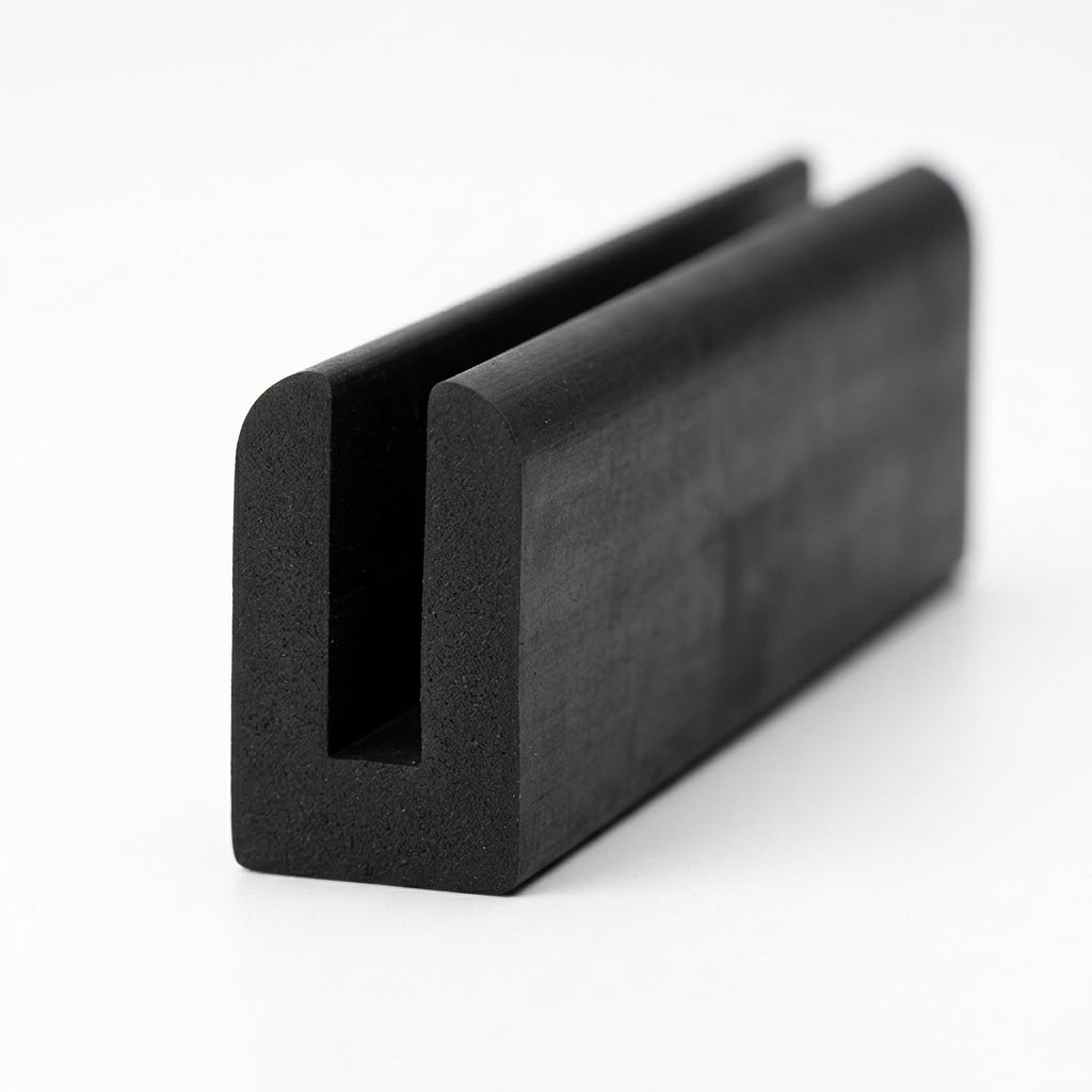 Black EPDM U-channel profile standing upright, plain white background shot of rounded-top block
