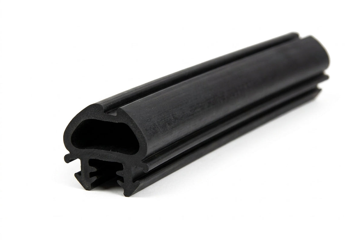 Black windscreen rubber seal profile with dual glazing channels, studio shot