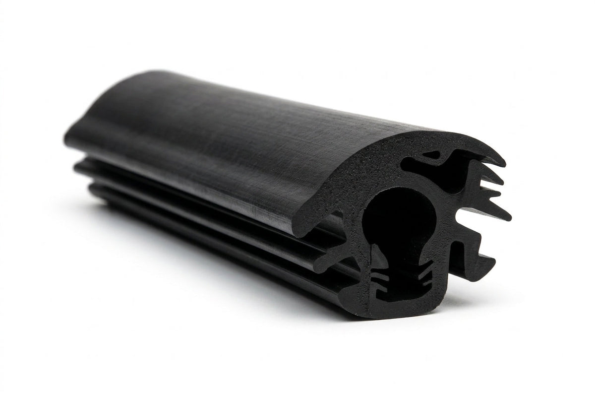 Black rubber windscreen seal with triple locking fins, coiled length on white background