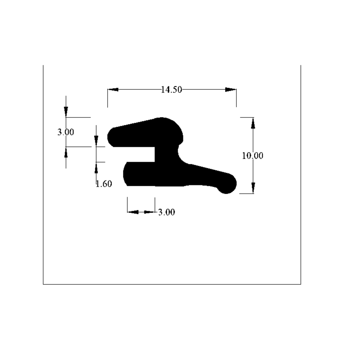 Technical diagram of rear bumper seal profile with 14.50, 10.00 and 1.60mm dimensions