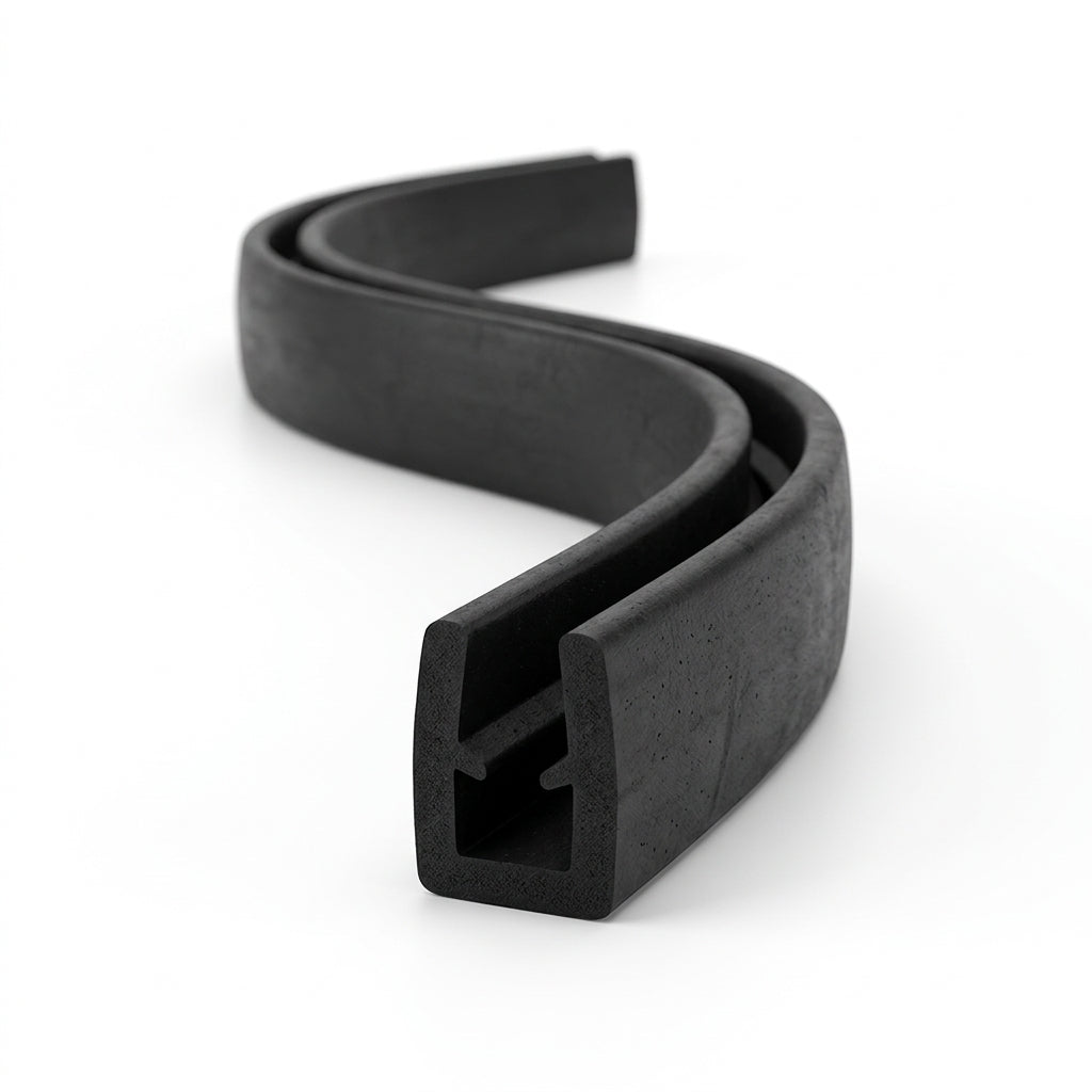 Black EPDM U-channel edge trim shown as coiled S-curved length with side ridge detail