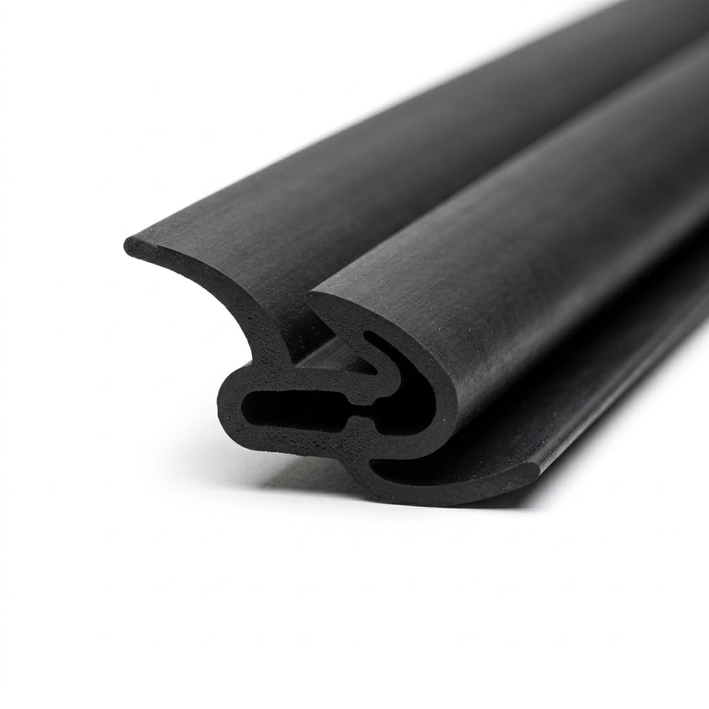 Black rubber hardtop seal with curled lip and hook, coiled length on white background