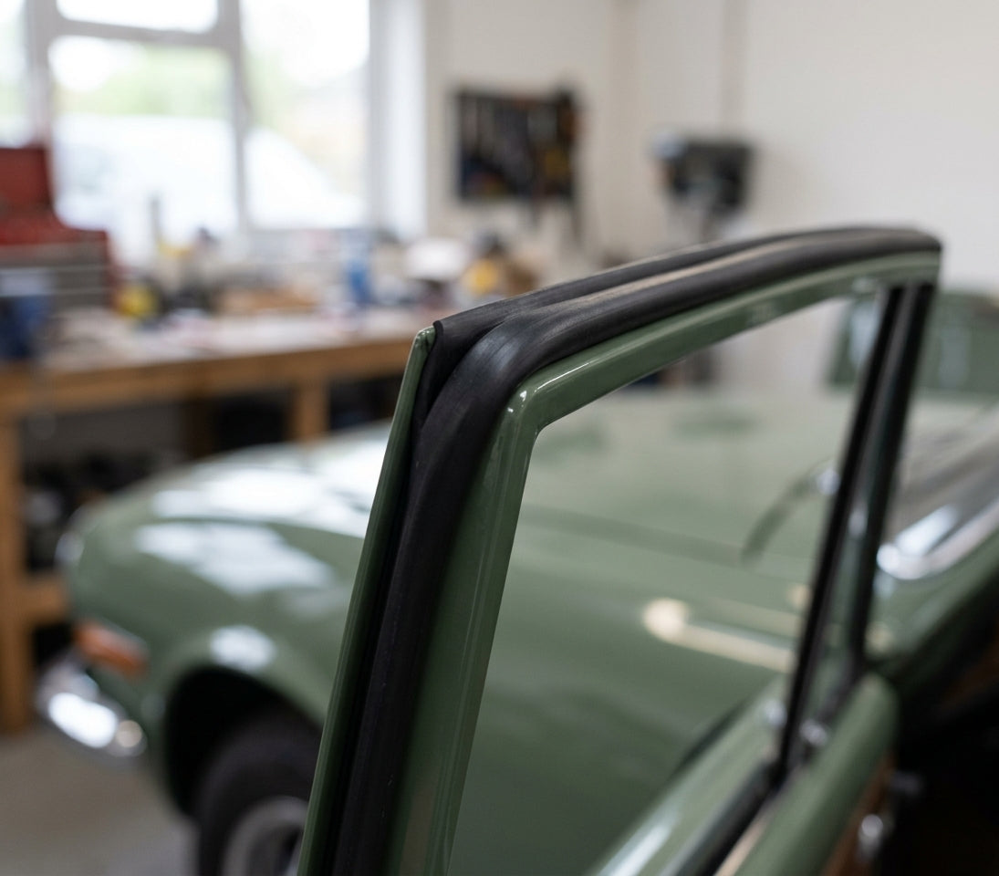 Black rubber seal fitted along the door top frame of a green Triumph Stag