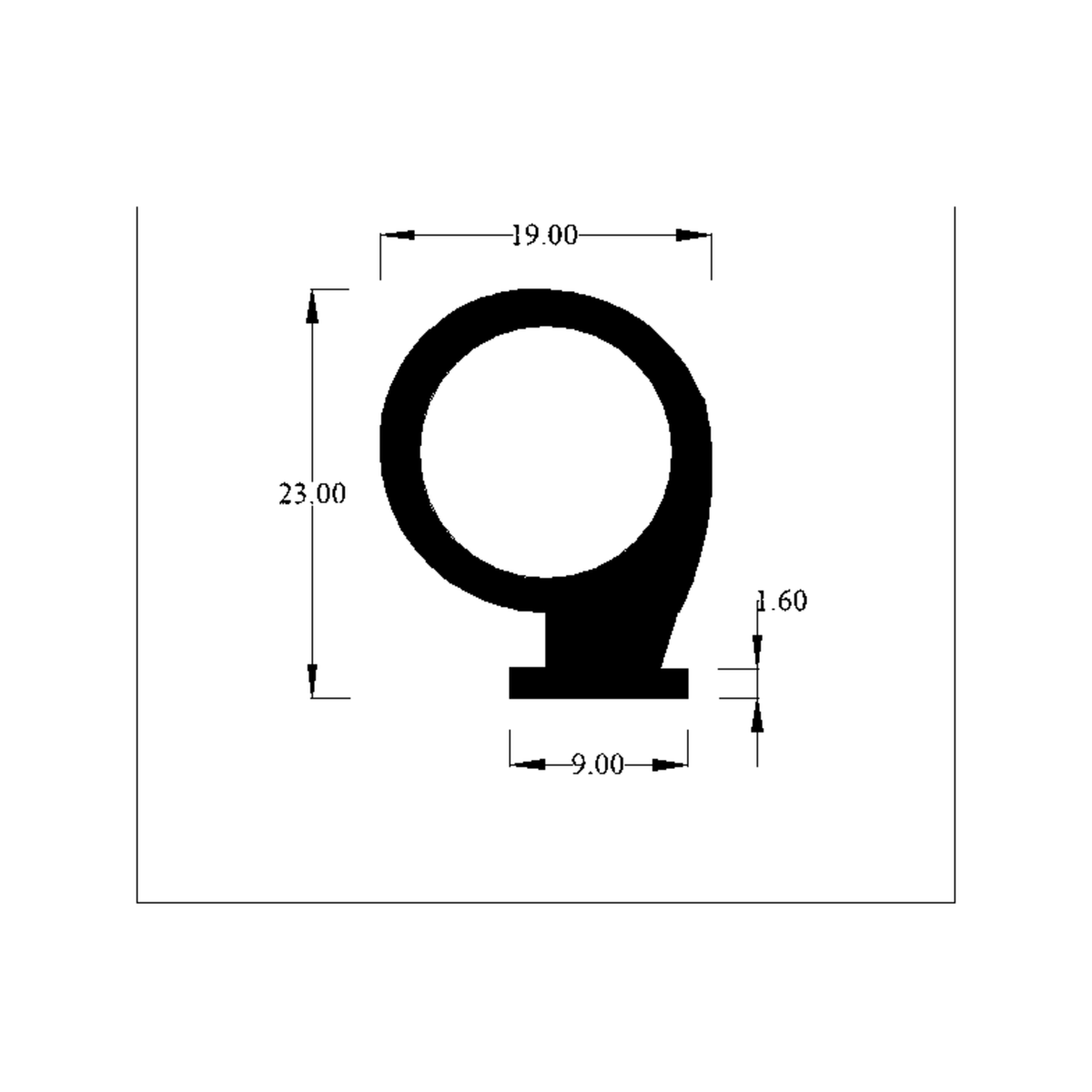 Cross-section diagram of a round bulb offset above a narrow flat base, dimensions labelled.