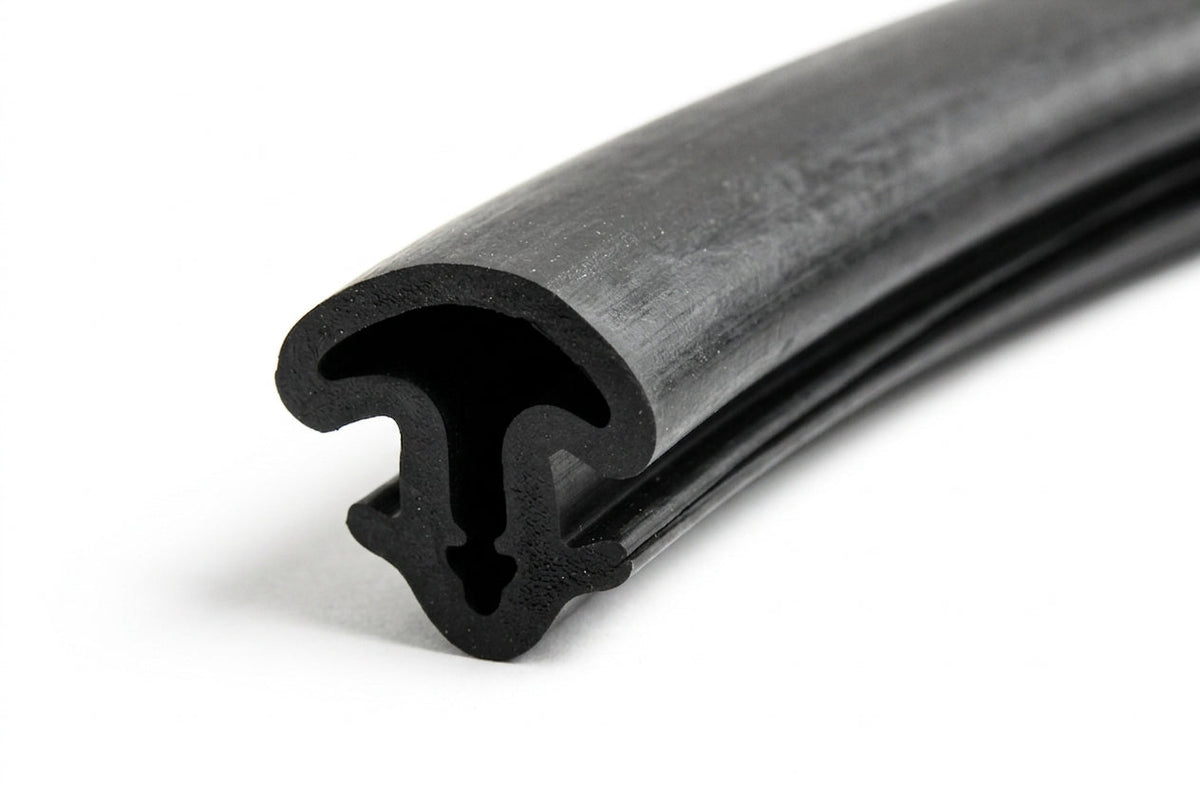 Black rubber windscreen seal with mushroom-shaped hollow bulb, curved length on white background