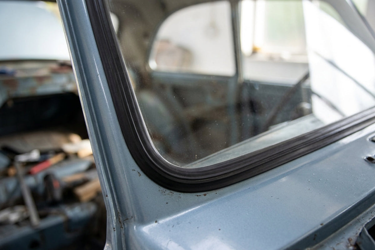 Black windscreen surround fitted to a pale blue Anglia's rear window frame