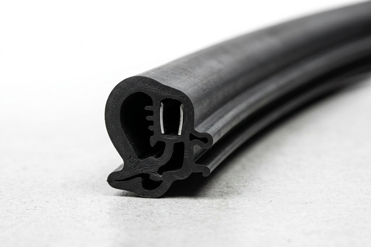 Black windscreen surround profile with chrome insert channel, angled studio shot