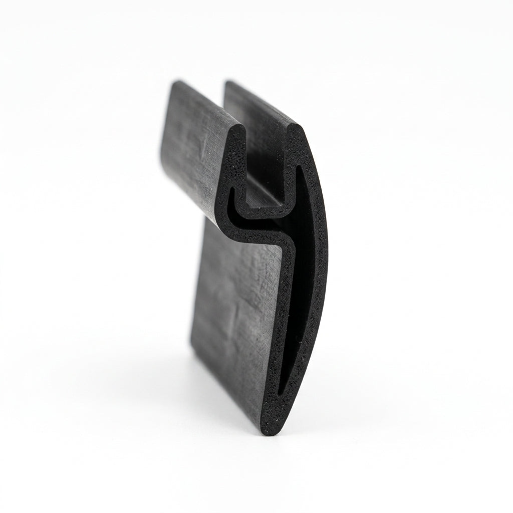 Black EPDM channel with flange, angled shot of Y-shaped profile end on white background