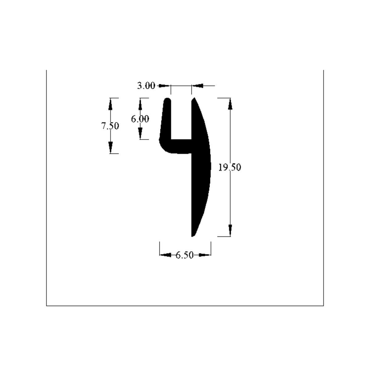 Cross-section diagram of EPDM channel with flange, height 19.50mm and width 6.50mm marked