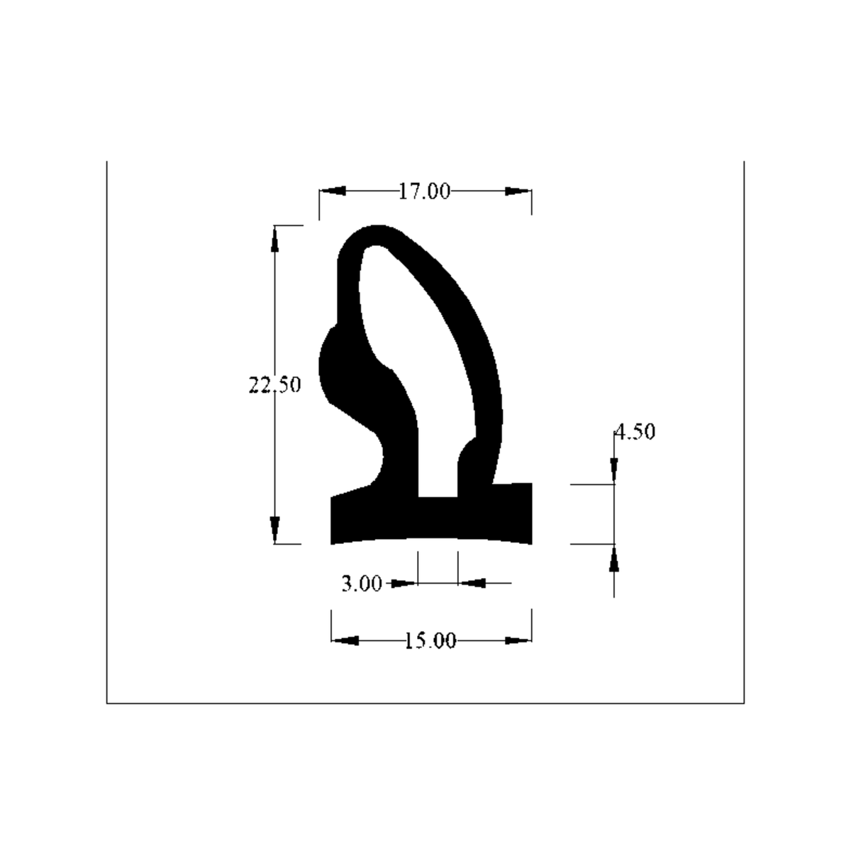Technical diagram of seal profile with dimensions 17.00 x 22.50mm and 15.00mm base
