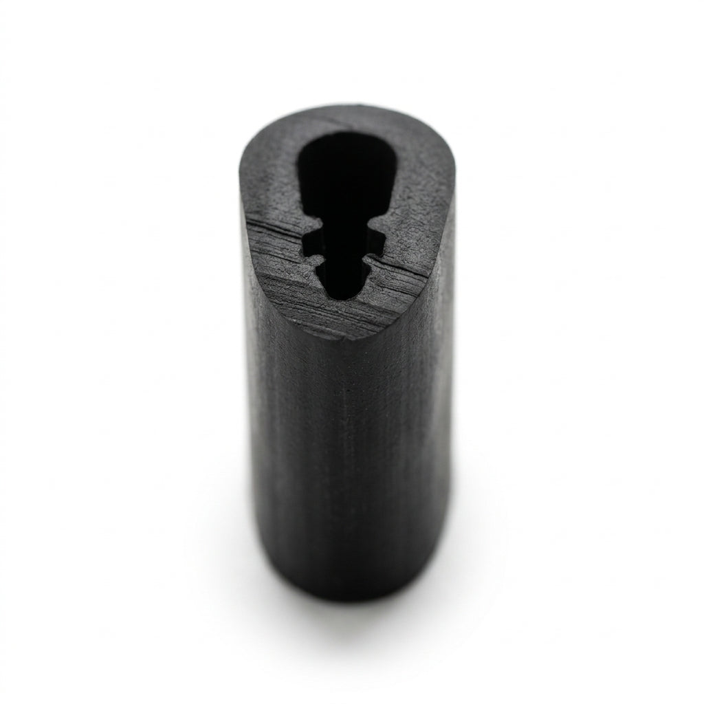 Black EPDM U-channel profile, end-on view of cylindrical section with narrow internal groove