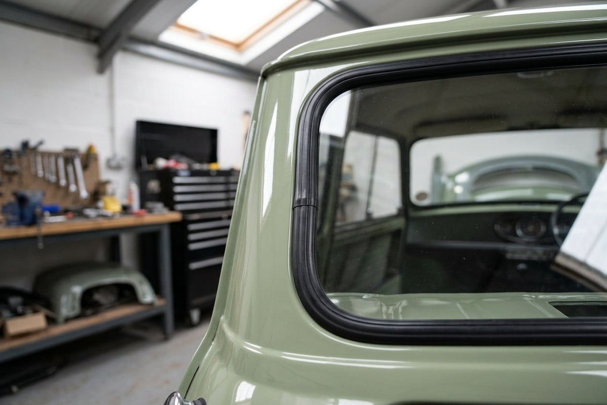 Black rubber seal fitted around the rear side window of a green Mini Mk1