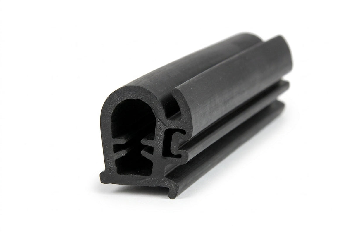 Black rubber windscreen seal with locking channel, cut end on white background
