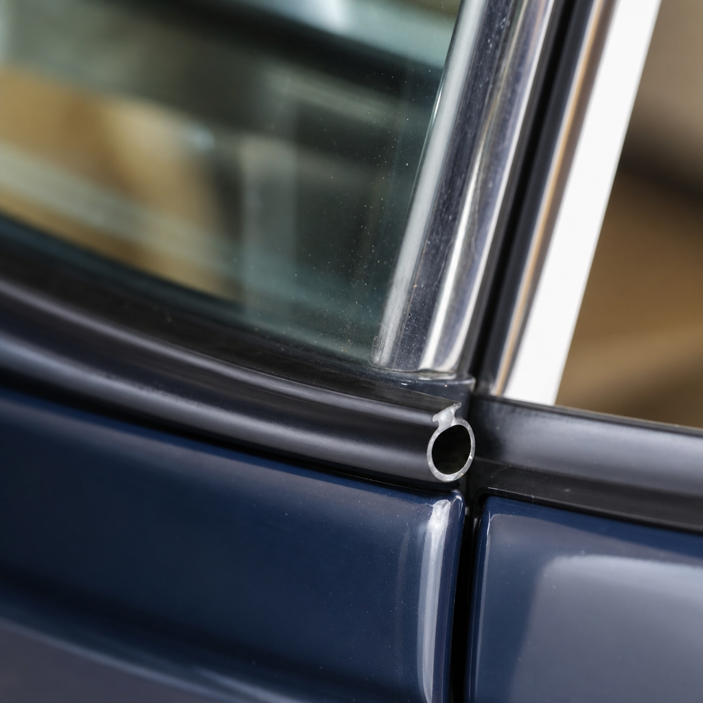 B-post seal close-up on a dark blue classic Jaguar's window frame