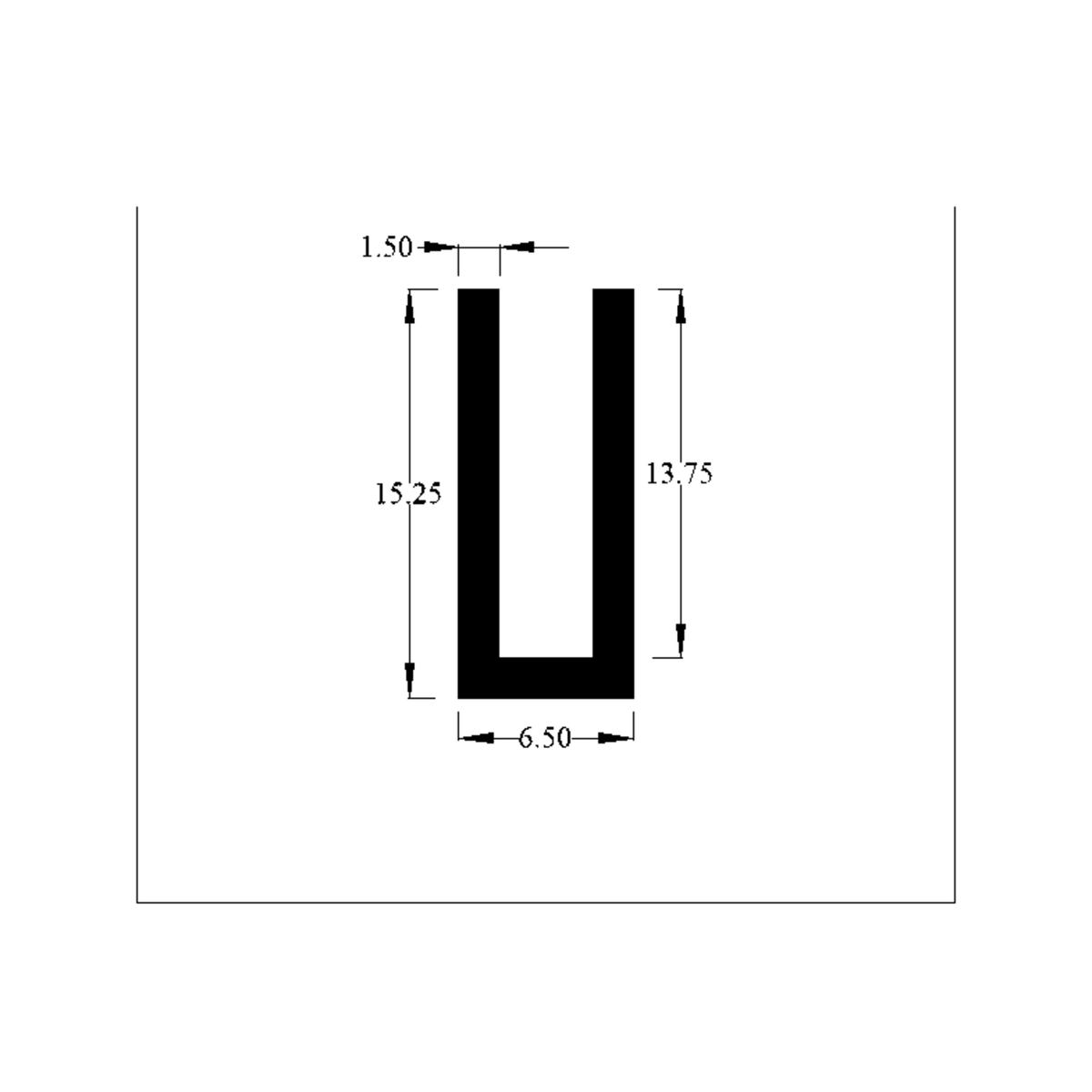 Cross-section diagram of U-channel profile, 15.25mm high x 6.50mm wide dimensions shown