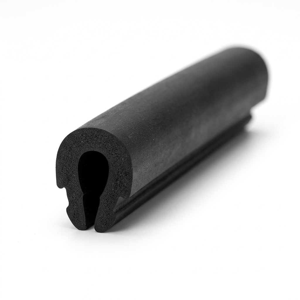 Black EPDM U-channel profile coiled, close-up end-on view of rounded keyhole-shaped groove