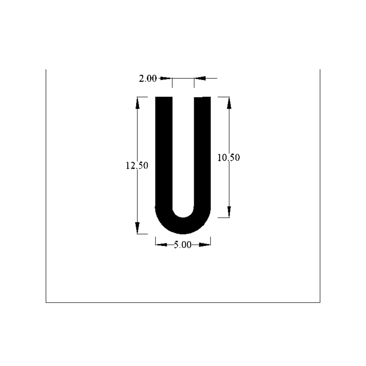Cross-section diagram of U-channel profile, 12.50mm high x 5.00mm wide dimensions shown