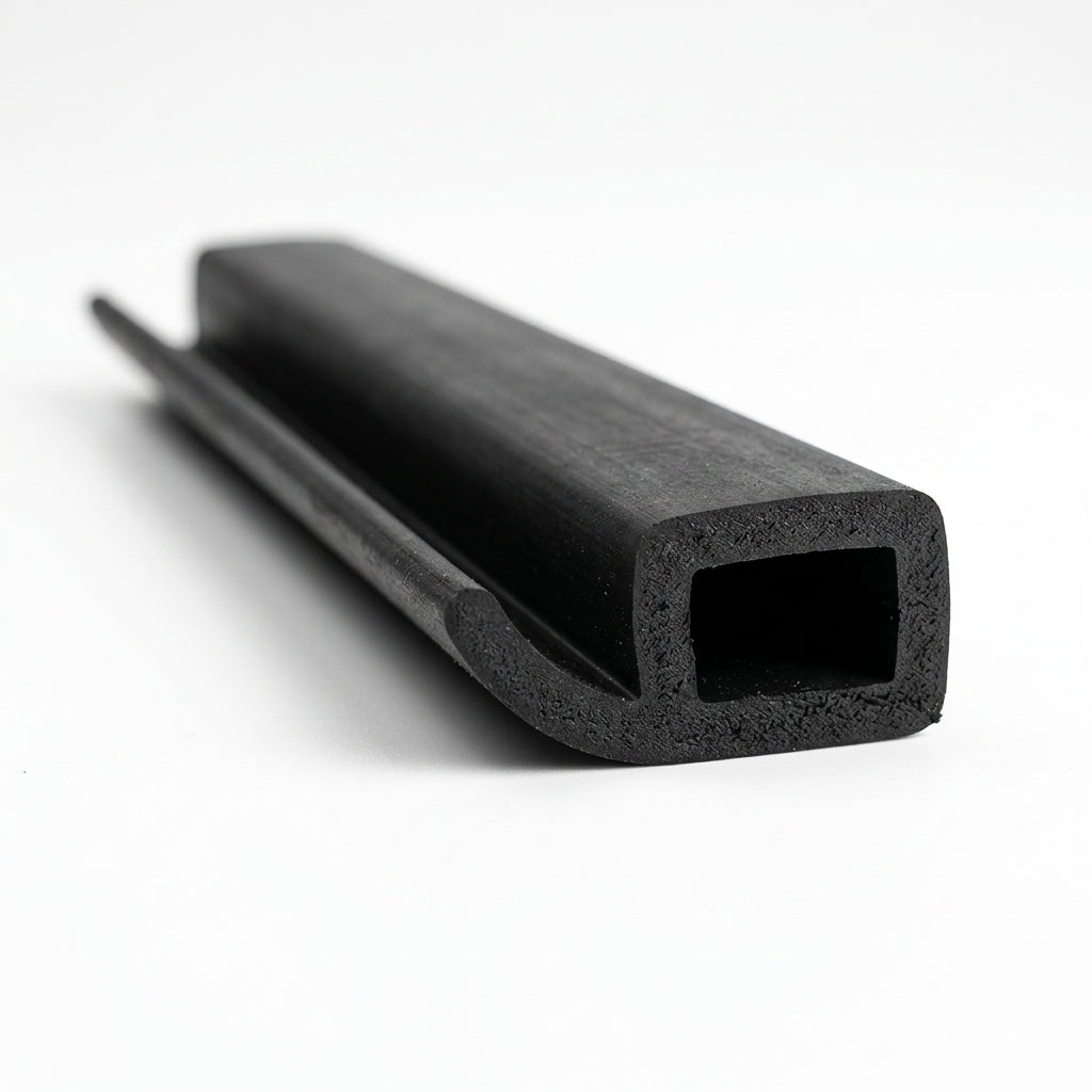 Length of black rubber hood stowage seal with hollow square bulb, studio shot