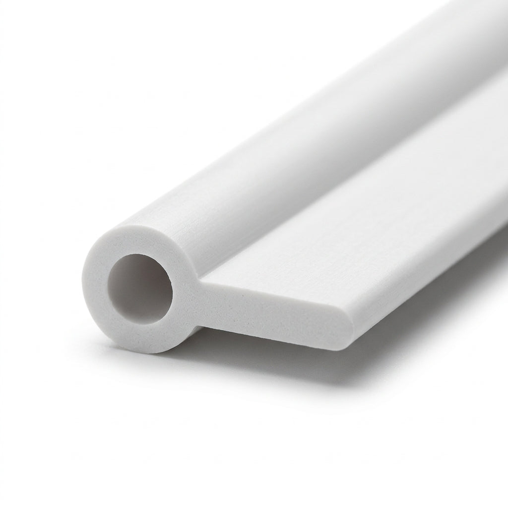 White PVC wing piping curved, showing its hollow bead and flat tail profile