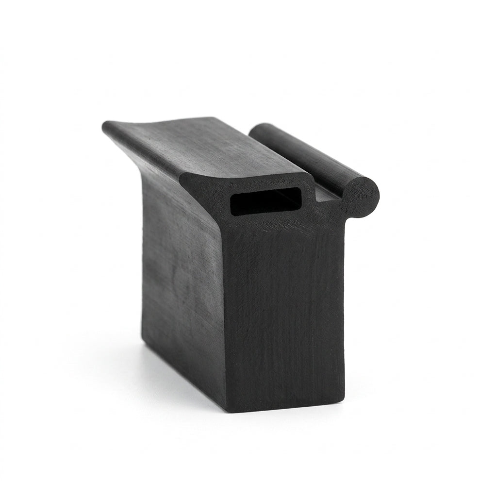 Short black rubber door seal with bulb and slotted foot, angled studio view