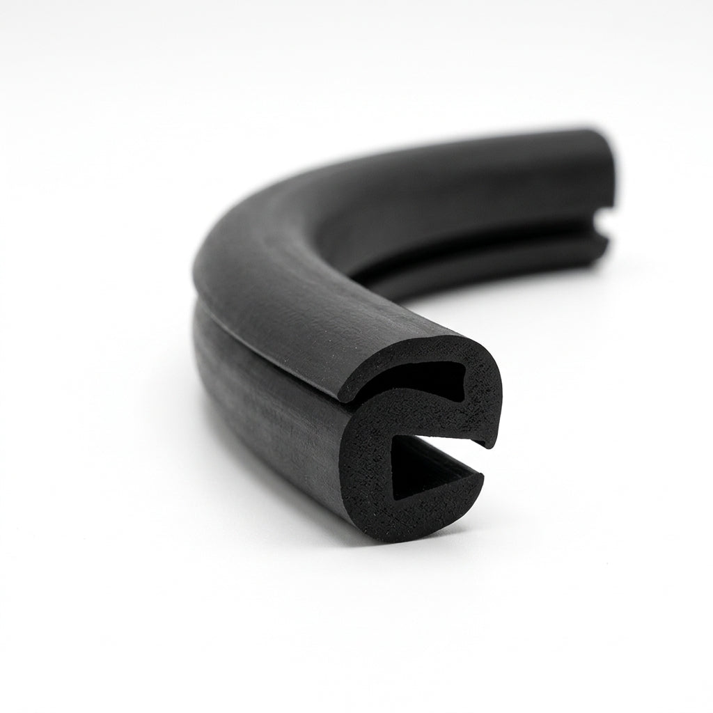 Black S-shaped window rubber seal coiled, curved length showing bulb and open channel