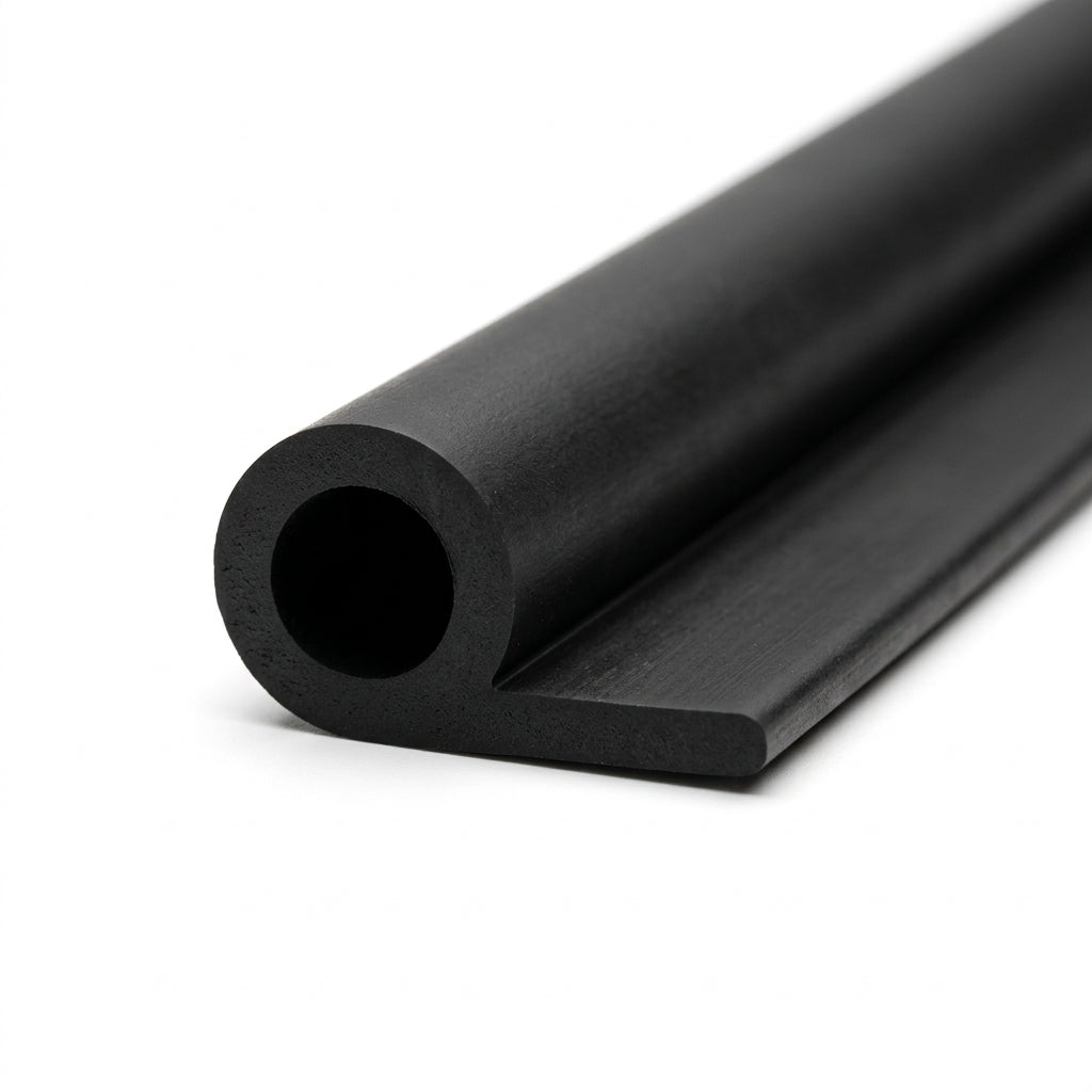 Black hollow P section rubber extrusion, angled studio close-up