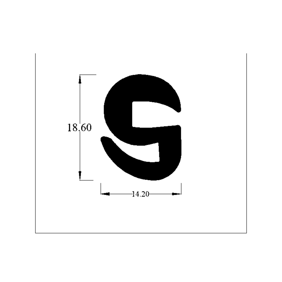 Cross-section diagram of S-shaped window rubber seal, 18.60mm high x 14.20mm wide dimensions shown