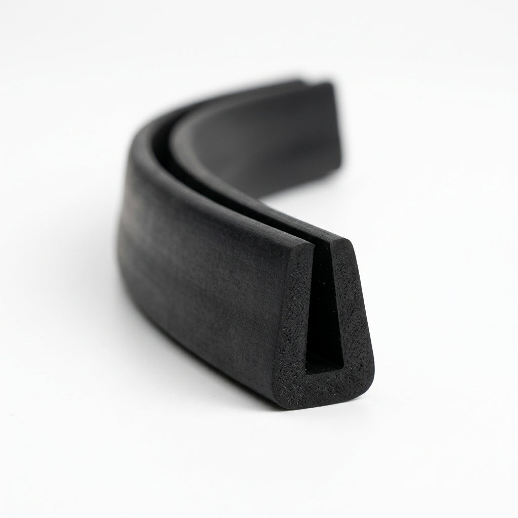 Black neoprene U-channel profile coiled, curved length showing tapered groove