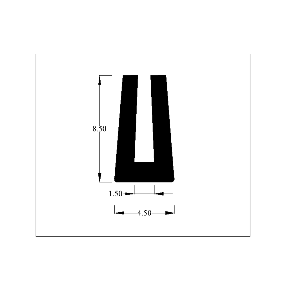 Cross-section diagram of tapered U-channel profile, 8.50mm high x 4.50mm wide dimensions shown