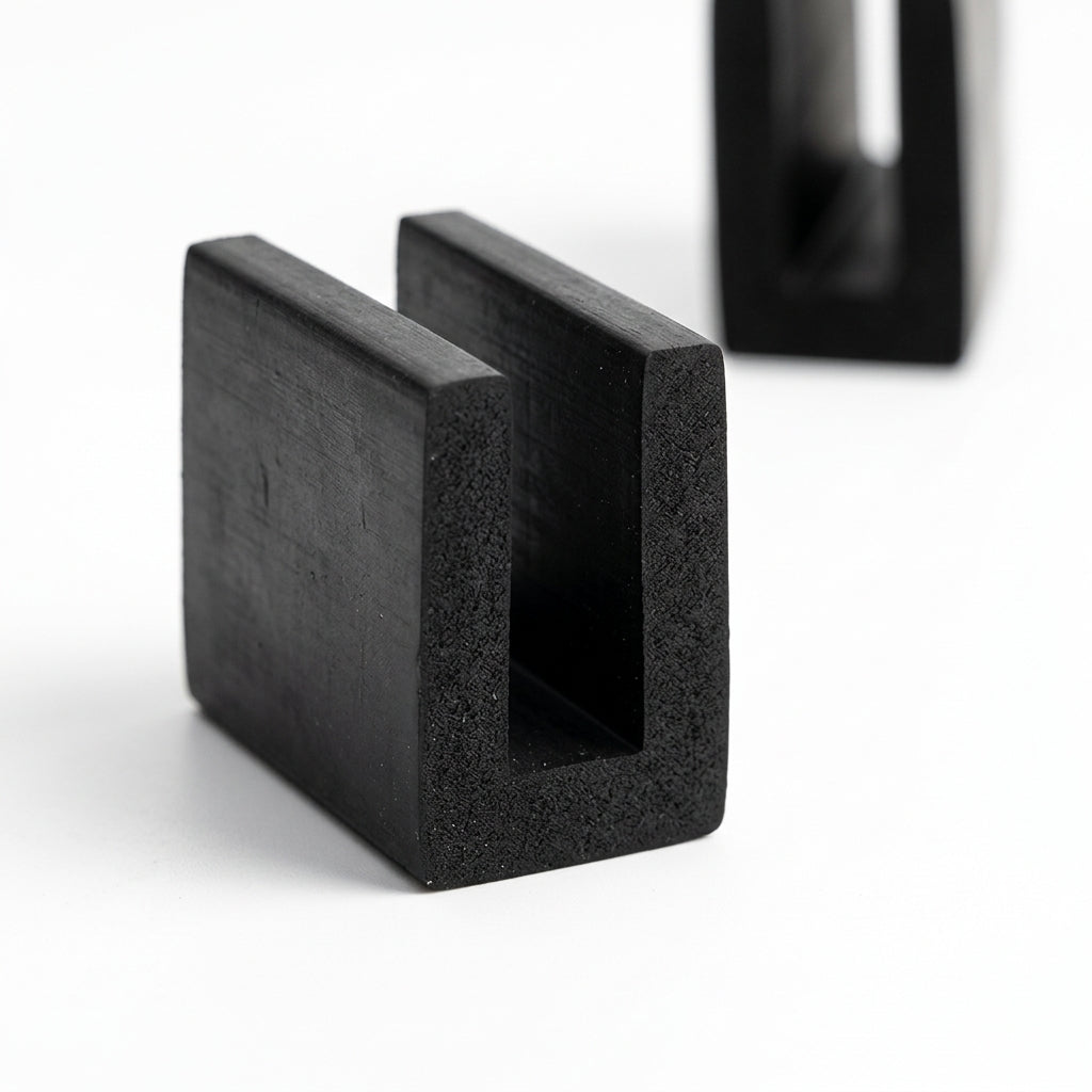 Black neoprene U-channel profile pieces, plain white background shot of square-ended sections