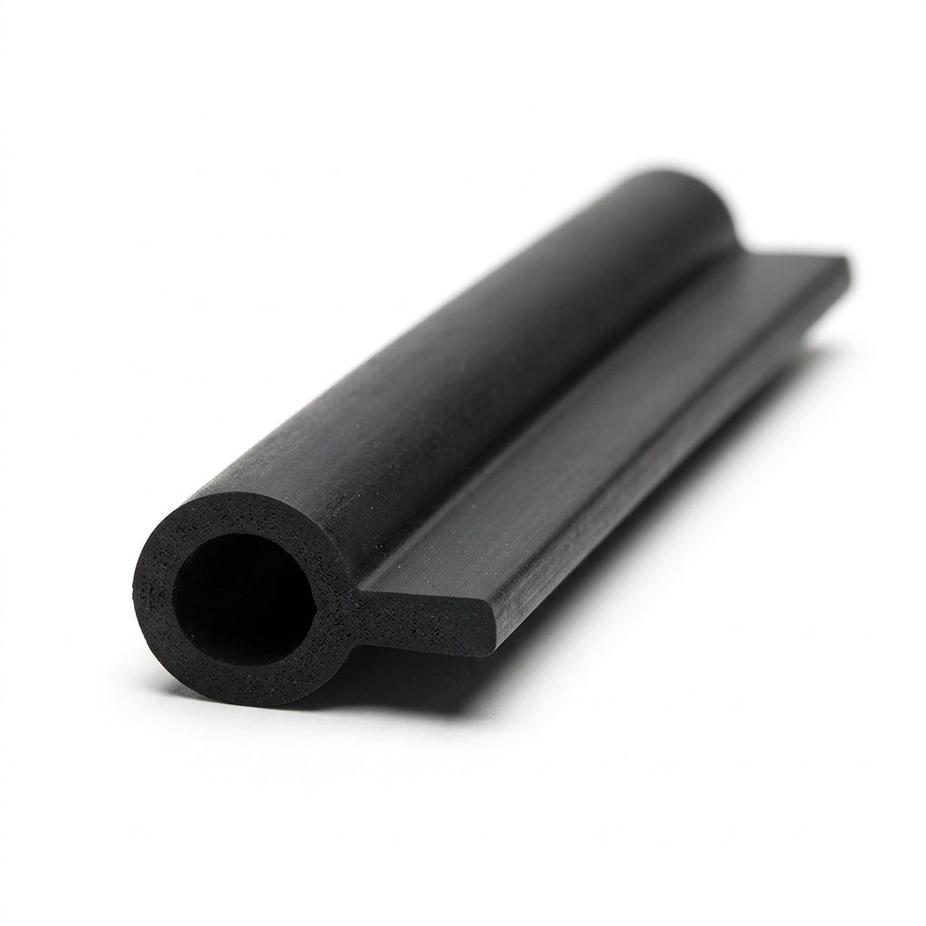 Black rubber tadpole section shown end-on with round bulb and flat tail