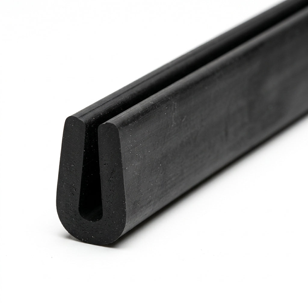 Black rubber U-channel profile coiled, angled view of narrow rounded groove