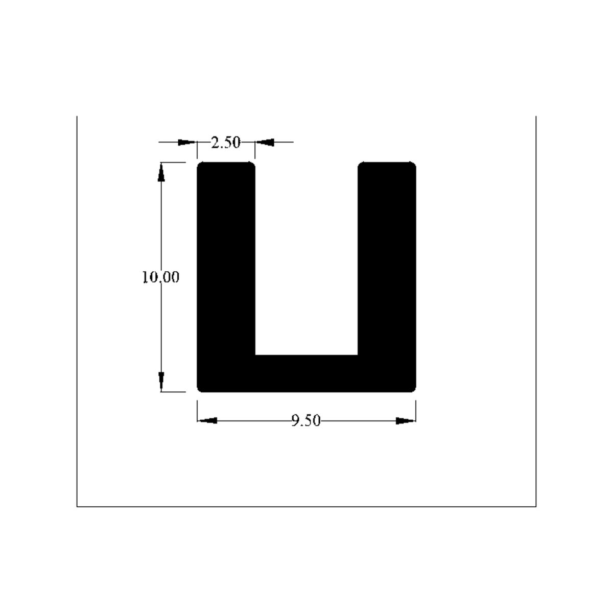Cross-section diagram of U-channel profile with wall 2.50mm and height 10.00mm marked